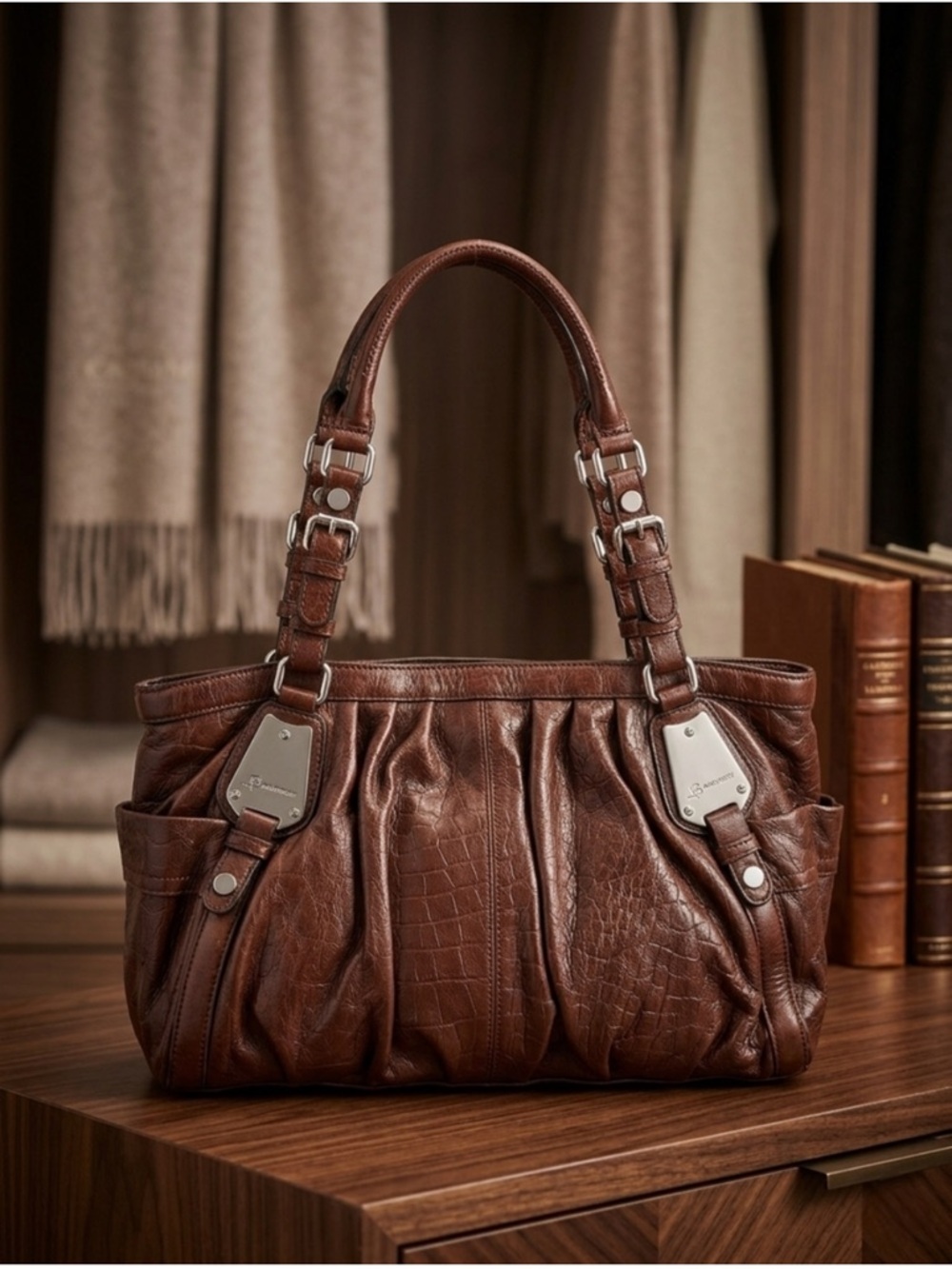 b. makowsky Brown Leather Shoulder Tote with Pleated Detail